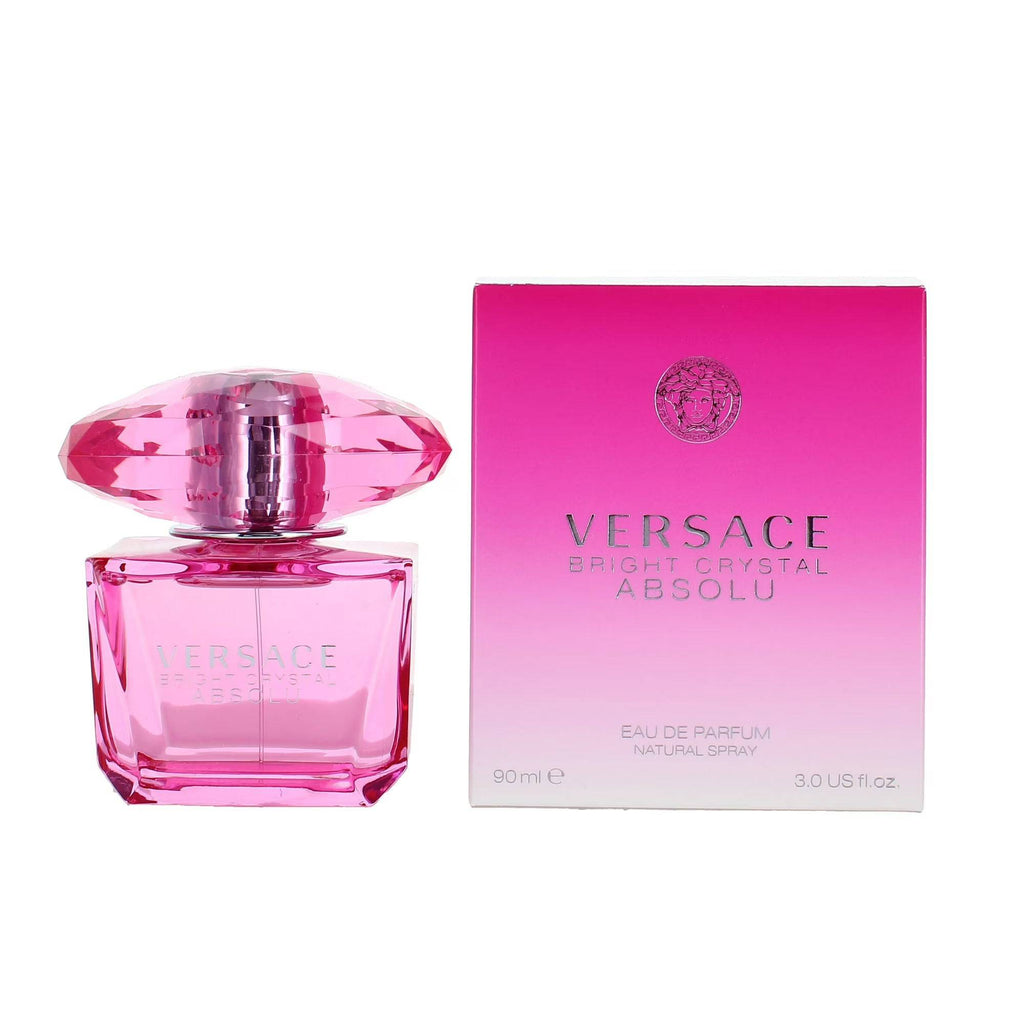 Versace Bright Crystal Absolu women’s 3 oz Eau de Parfum spray with elegant bottle design and floral accents.