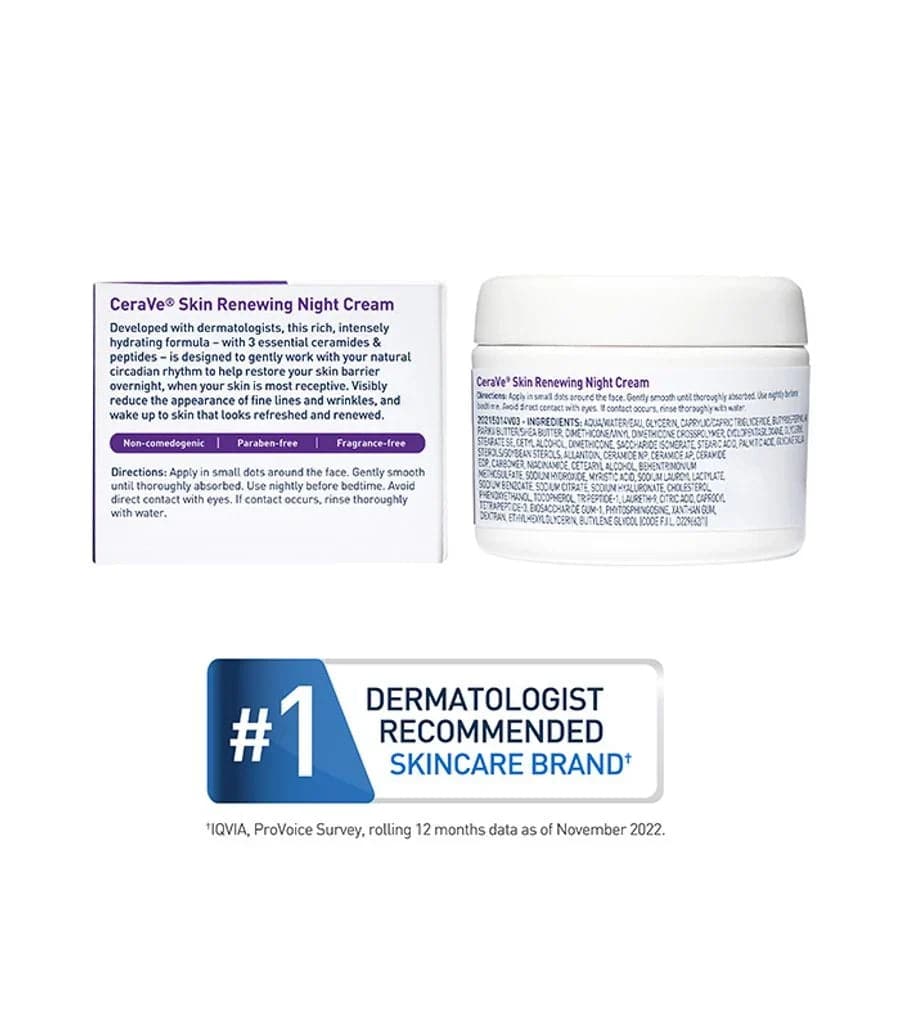 CeraVe Skin Renewing Night Cream in a jar, featuring a smooth, creamy texture for nighttime skin renewal and hydration.