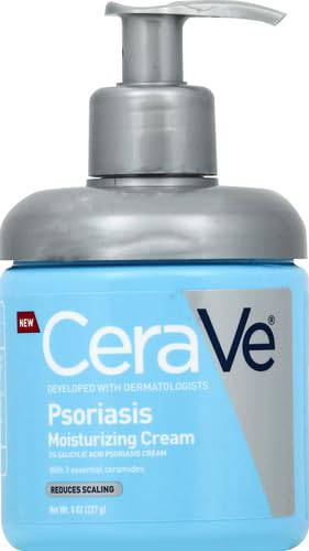 CeraVe Moisturizing Cream for psoriasis with salicylic acid and urea, fragrance-free, allergy-tested, 8 oz jar.