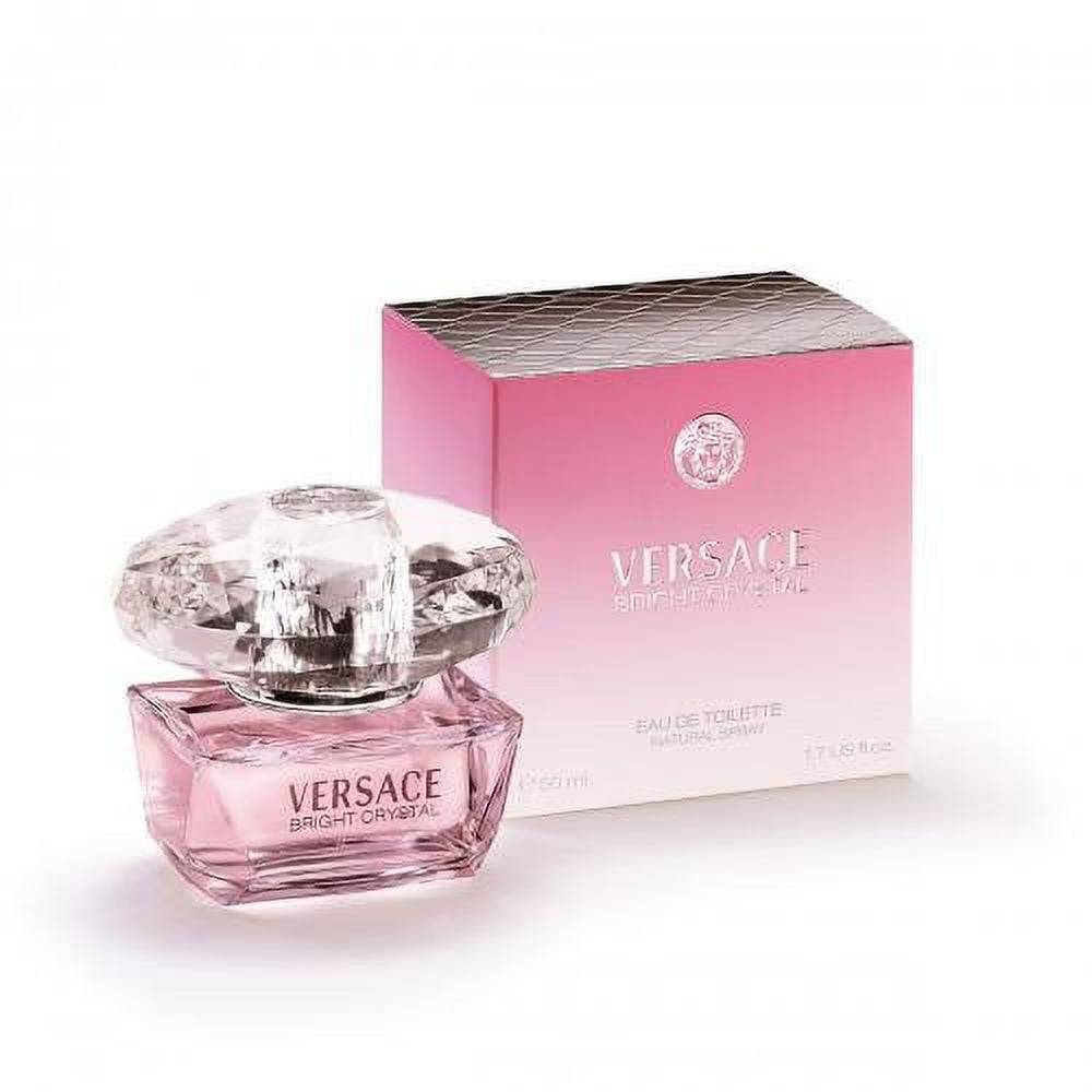 Versace Bright Crystal Eau de Toilette spray for women, 1.7 oz bottle with clear glass and pink accents, elegant fragrance presentation.
