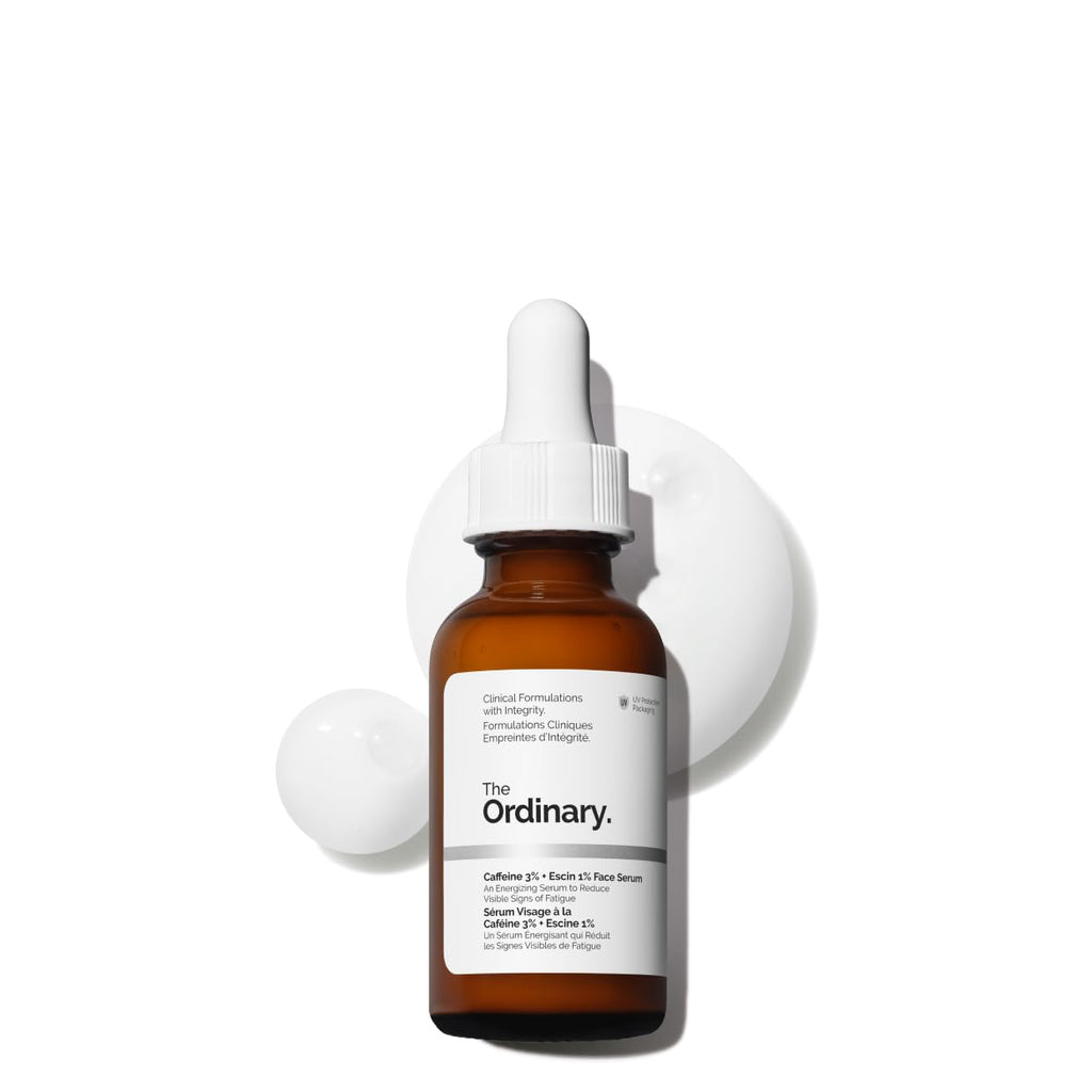 The Ordinary Caffeine 3% + Escin 1% face serum in a 1 fl oz bottle, designed to energize, tighten, and tone skin.