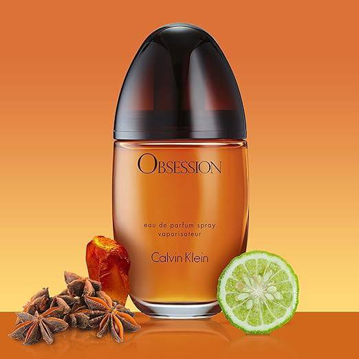 Calvin Klein Obsession women's perfume bottle with amber notes, mandarin, bergamot, jasmine, and patchouli, showcasing elegant packaging.