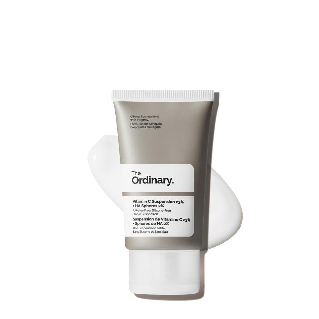 The Ordinary Vitamin C Suspension 23% with Hyaluronic Acid Spheres serum in a white tube, showing the product label and packaging.