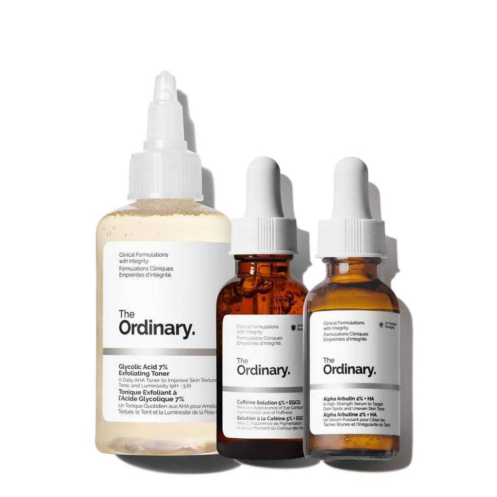 SlimBag The Ordinary Bright Set with glycolic acid toner, alpha arbutin serum, and caffeine eye serum for radiant, even skin.