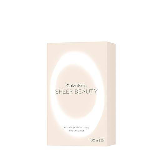 Calvin Klein Sheer Beauty floral perfume bottle with peach bellini, pink lily, peony, and vanilla blossom notes.