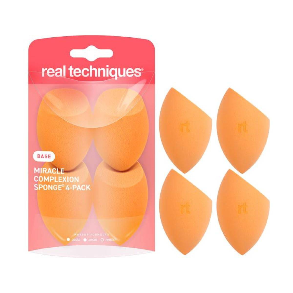 Real Techniques Miracle Complexion Sponge 4-pack for applying liquid foundation, concealer, and makeup blending on skin.
