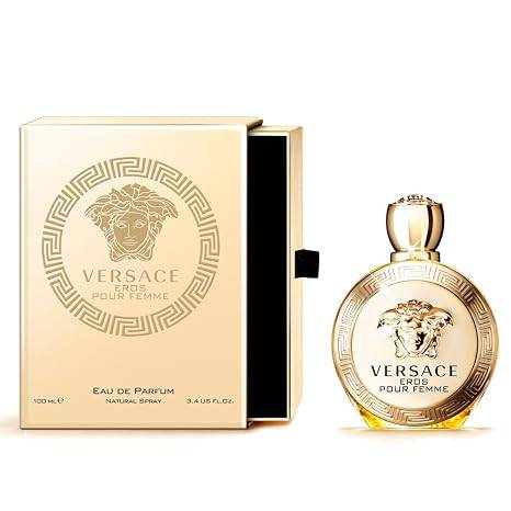 Versace Eros Pour Femme Eau de Parfum spray in 3.4 ounces, with a sleek bottle and elegant fragrance display.