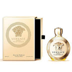 Versace Eros Pour Femme Eau de Parfum spray in 3.4 ounces, with a sleek bottle and elegant fragrance display.