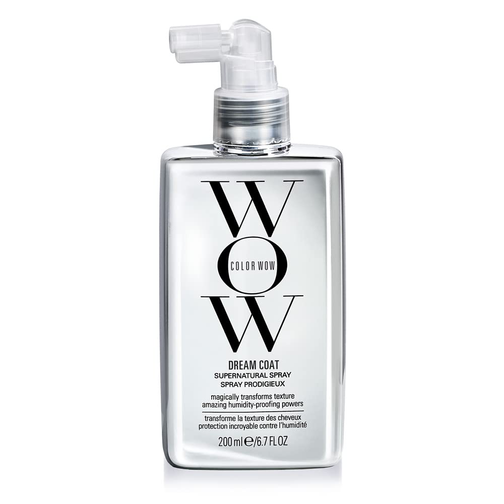 Color WOW Dream Coat Supernatural Spray for anti-humidity, frizz control, and heat protection on shiny, glassy hair.
