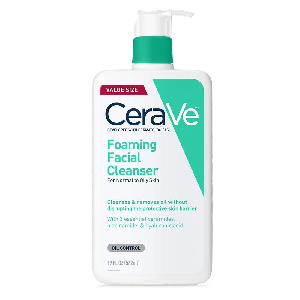 CeraVe Foaming Facial Cleanser for oily skin, with hyaluronic acid, ceramides, and niacinamide, in a 19 oz bottle, fragrance-free.
