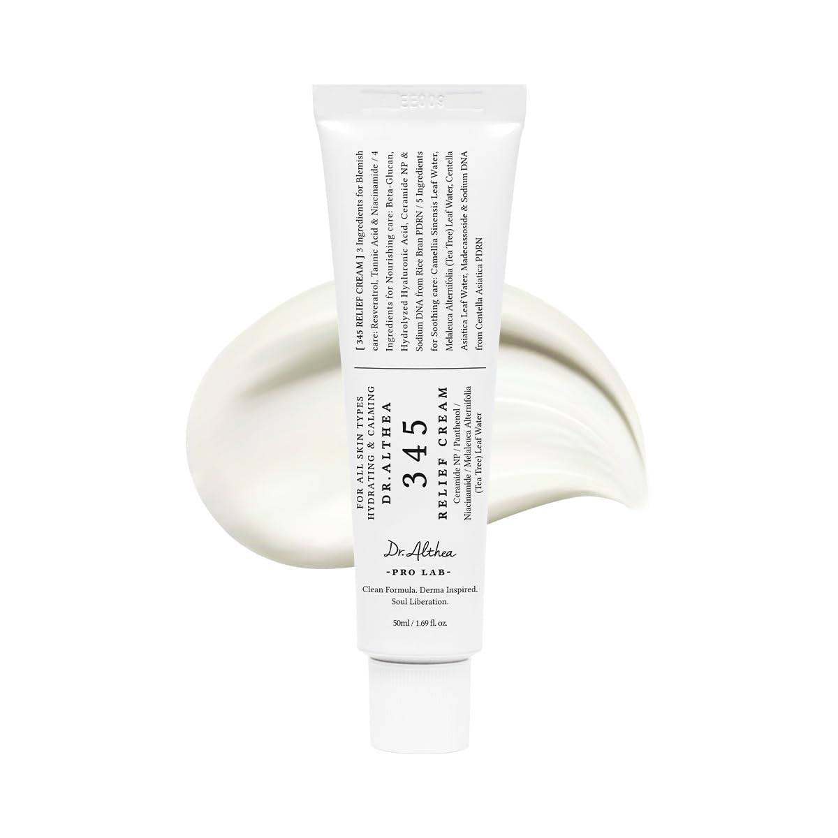Dr.Althea 345 Relief Cream with PDRN, hyaluronic acid, and niacinamide for hydration and blemish care on post-acne skin.