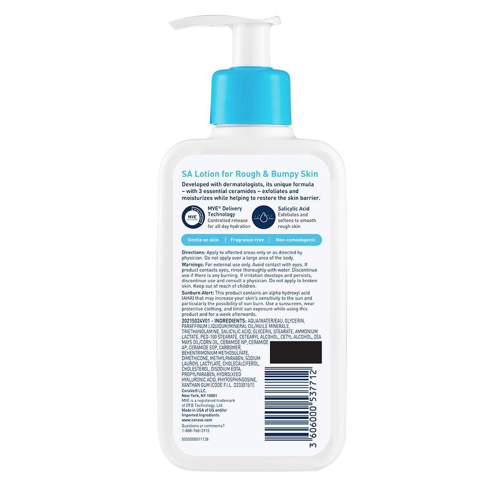SlimBag CeraVe SA Lotion for rough skin with vitamin D, hyaluronic acid, lactic acid, and salicylic acid in an 8 oz bottle