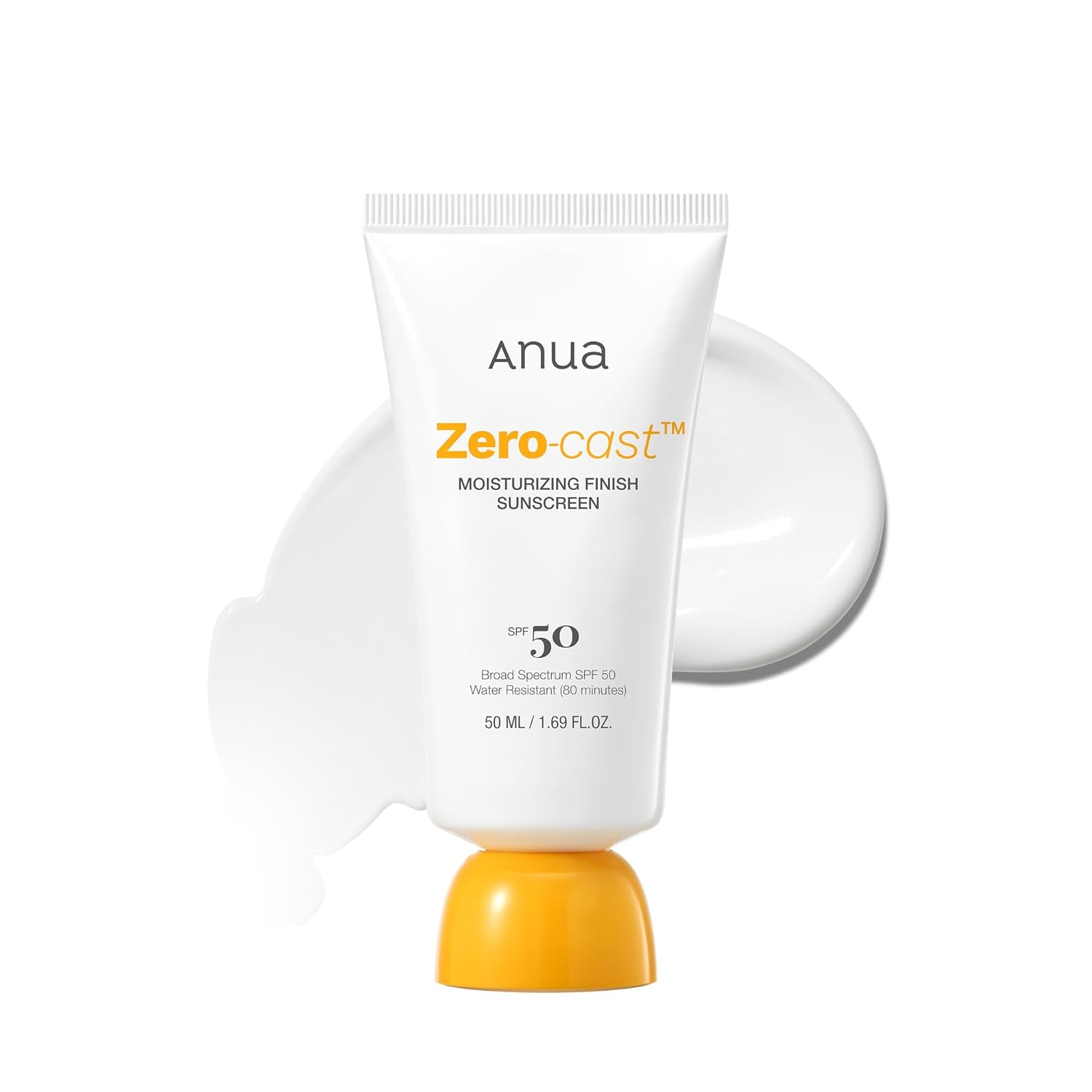 Anua Zero-Cast Moisturizing Sunscreen SPF 50 for face with hyaluronic acid and niacinamide, no white cast, oil-free Korean skincare.