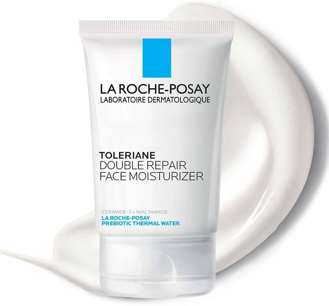 SlimBag Toleriane Double Repair Face Moisturizer with ceramide and niacinamide, suitable for all skin types, in a cream form.