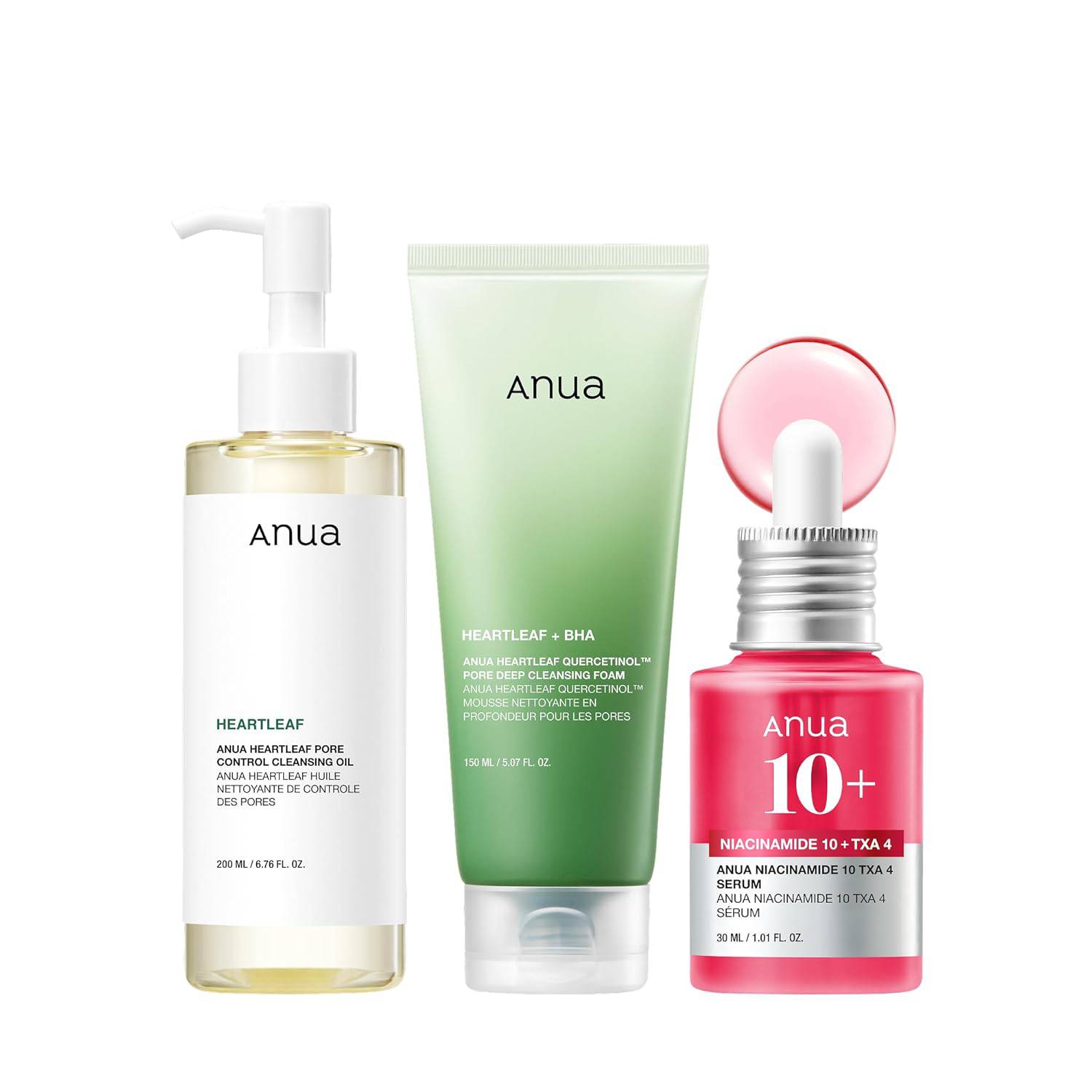 Anua 3-Step Glass Skin Beginner Set by SlimBag featuring oil cleanser, face wash, and facial serum for Korean skincare routine
