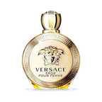 Versace Eros Pour Femme Eau de Parfum spray in 3.4 ounces, featuring a sleek bottle with gold accents and floral design.