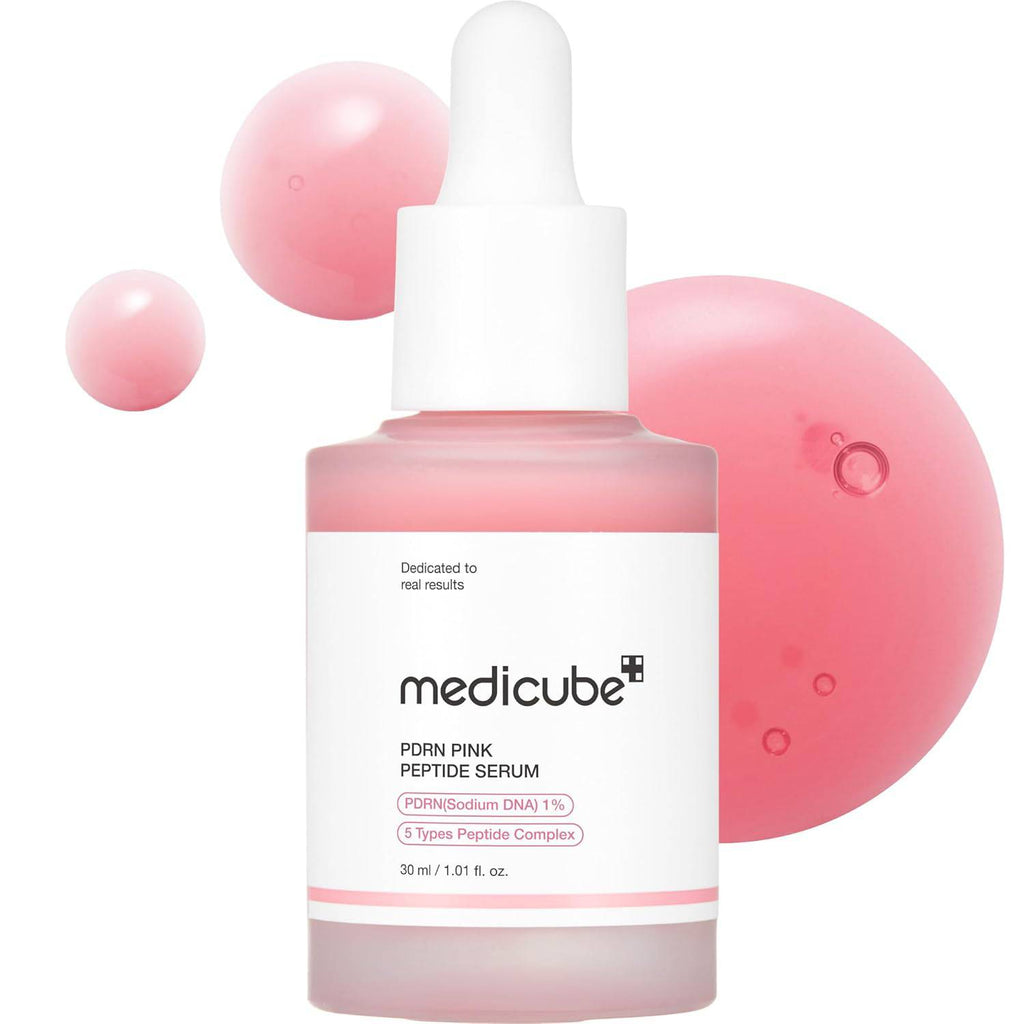 Medicube PDRN Pink Peptide Serum with Salmon DNA and Niacinamide, hydrating Korean skincare for radiant, firm-looking skin.