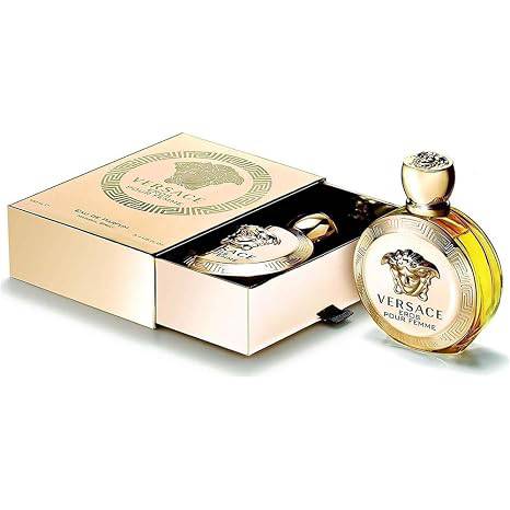 Versace Eros Pour Femme Eau de Parfum spray in 3.4 oz bottle, elegant packaging with floral and feminine design.