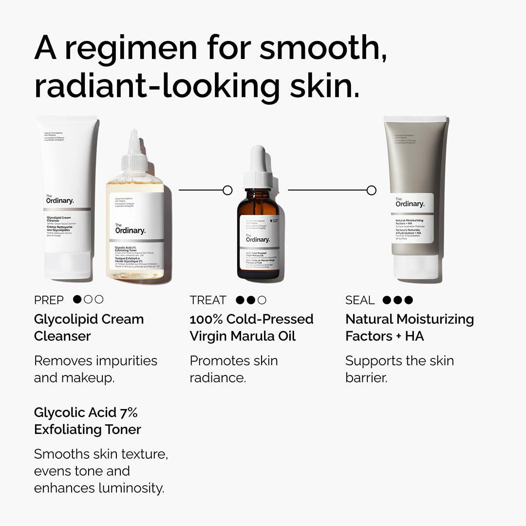 Bottle of The Ordinary 100% Cold-Pressed Virgin Marula Oil with dropper, antioxidant-rich unrefined skincare oil for radiant skin.