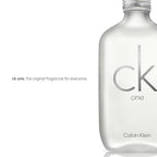 Calvin Klein CK One unisex citrus Eau de Toilette with green tea notes, shown in a sleek bottle on a white background.