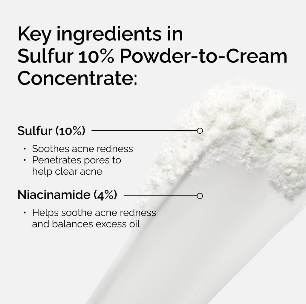 SlimBag The Ordinary Sulfur 10% powder-to-cream acne treatment concentrate in a small jar, showing the product's texture and packaging.
