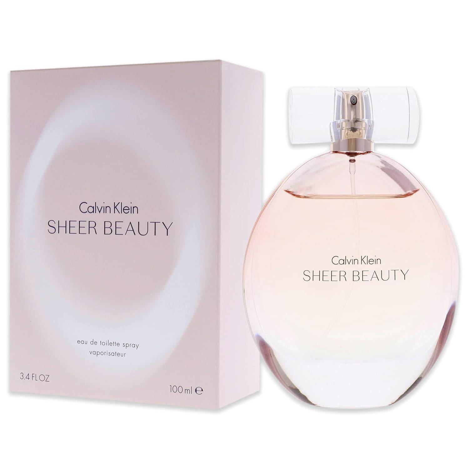 Calvin Klein Sheer Beauty floral Eau de Toilette perfume with peach, pink lily, peony, and vanilla blossom notes.