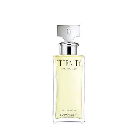 Calvin Klein Eternity floral women's perfume bottle with white lily, rose, sandalwood, and amber notes, shown on a white background.