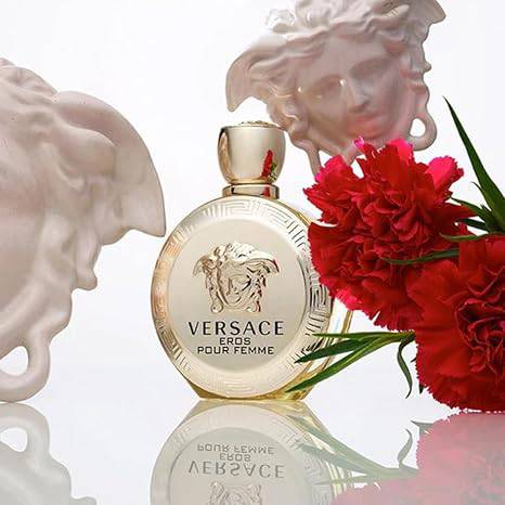 Versace Eros Pour Femme Eau de Parfum spray in 3.4 oz bottle, sleek packaging with elegant design and floral accents