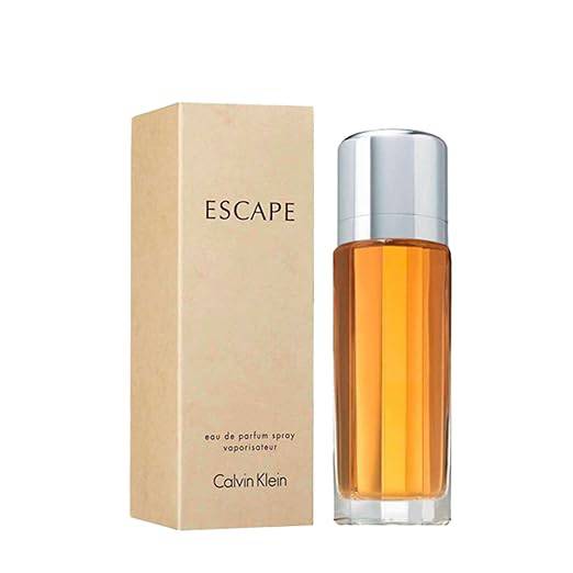 Calvin Klein Escape floral women's perfume bottle with notes of apricot, jasmine, amber, sandalwood, vanilla, and musk.