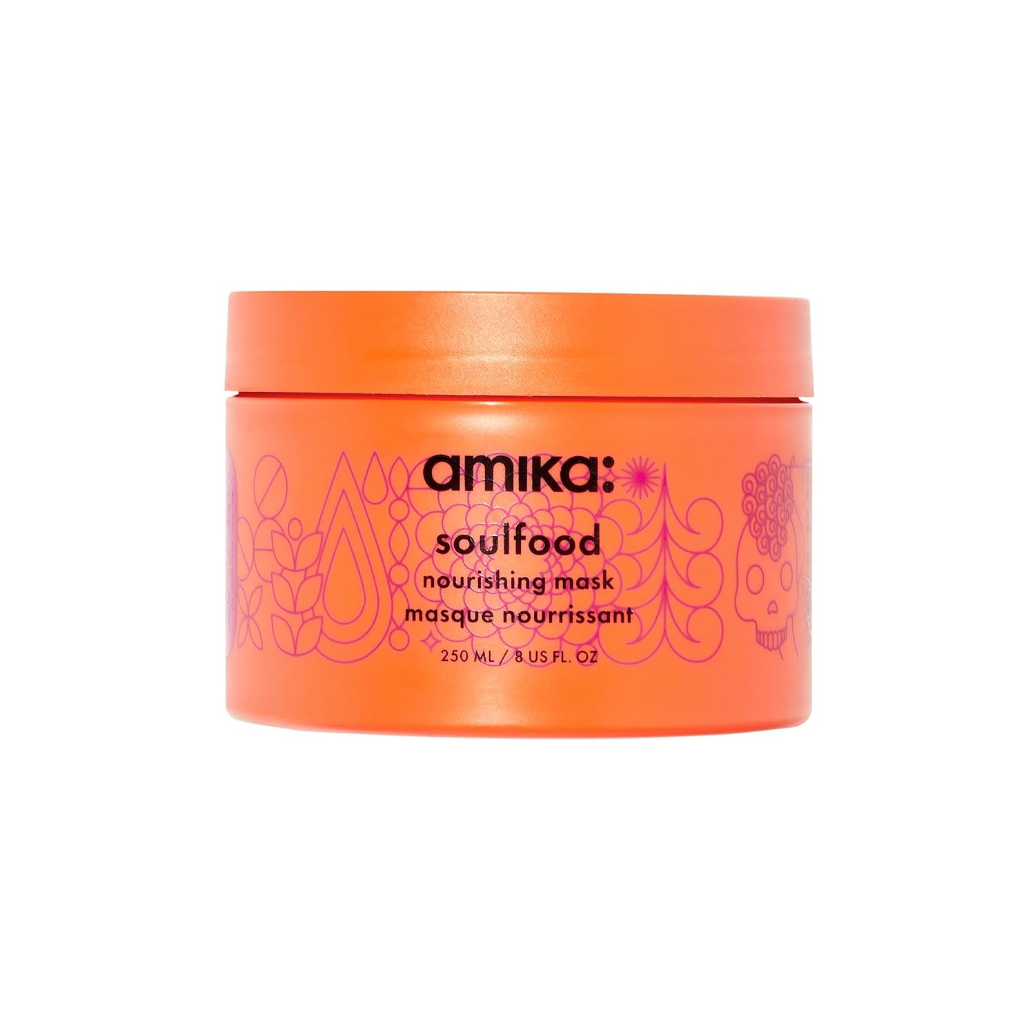 Amika Soulfood Nourishing Mask in a jar, showcasing the creamy hair treatment with a black lid and label, on a white background.