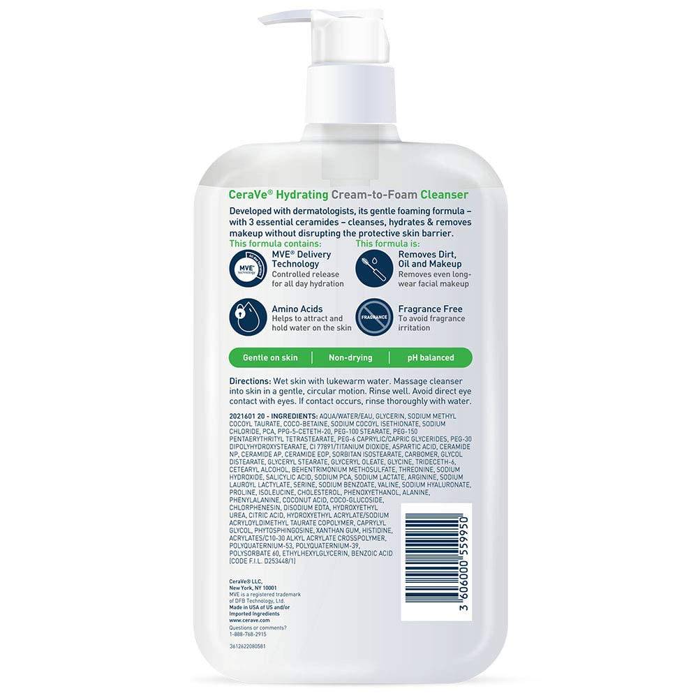 SlimBag CeraVe Hydrating Cream To Foam Cleanser with hyaluronic acid, gentle face wash for dry, normal skin, fragrance-free, 19 oz.