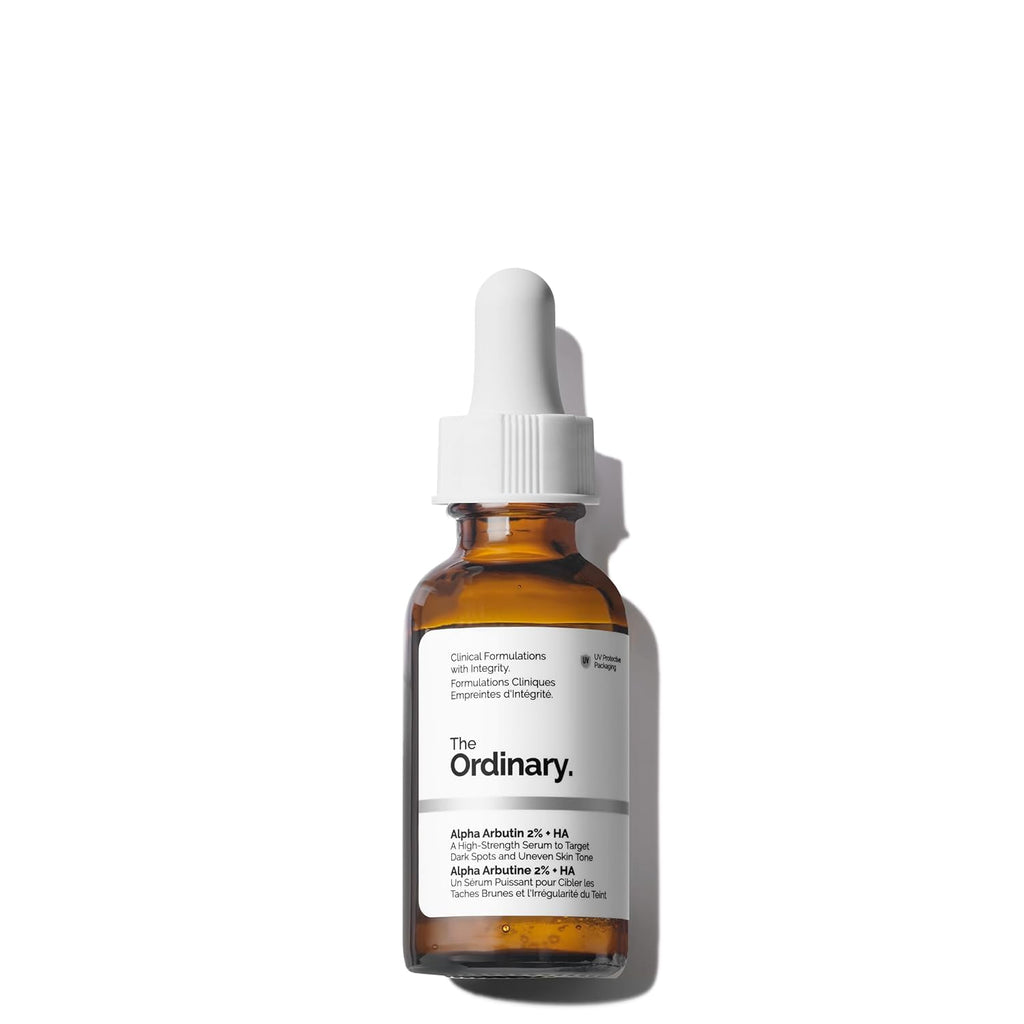 SlimBag The Ordinary Alpha Arbutin 2% and Hyaluronic Acid serum bottle, clear liquid skincare product for brightening and dark spot targeting