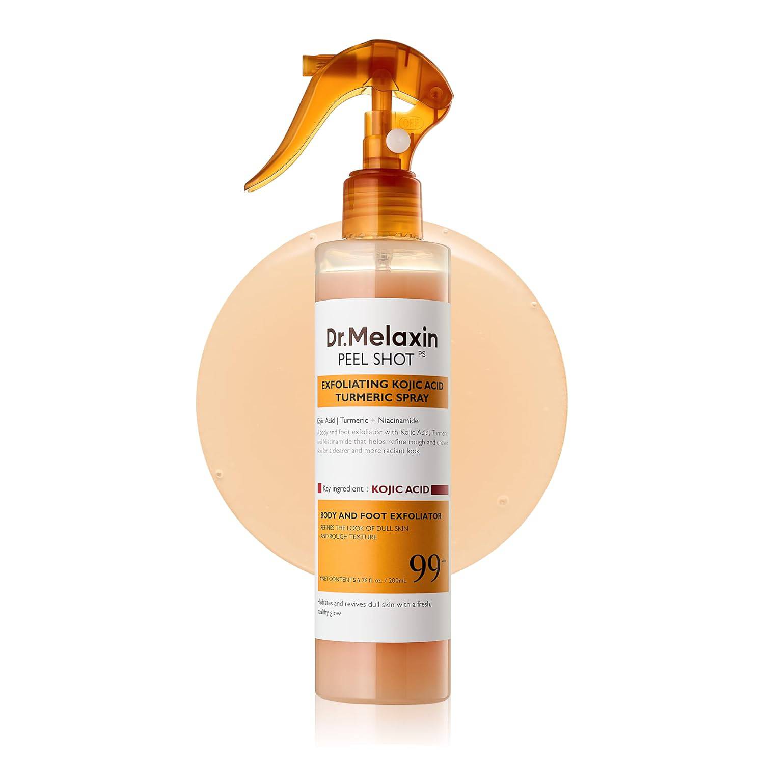 SlimBag Dr.Melaxin Peel Shot exfoliator spray with kojic acid, turmeric, AHA, PHA, and niacinamide for body skin brightening.