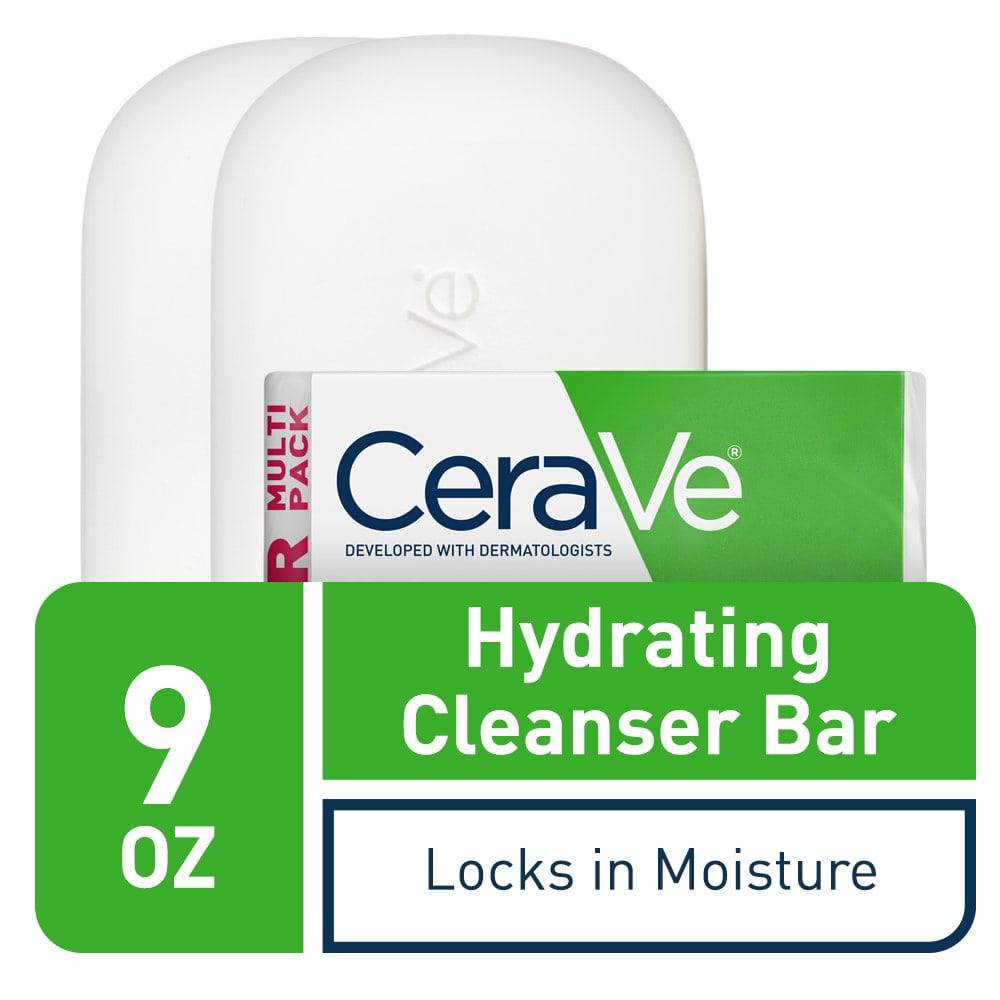 SlimBag CeraVe Hydrating Cleanser Bar for face and body, fragrance-free, soap-free, with 5% moisturizing cream, 4.5 oz each, 2-pack