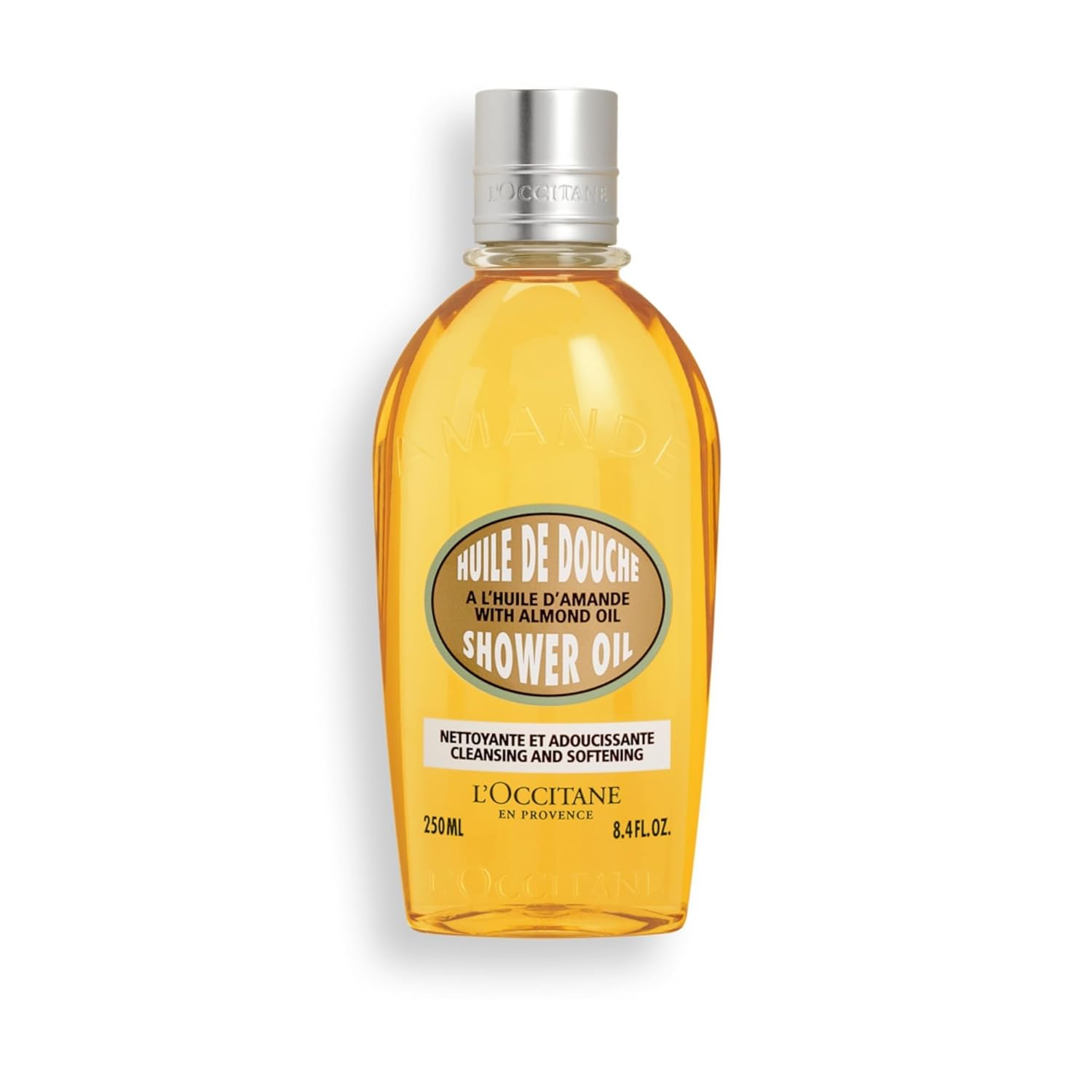 SlimBag almond shower oil bottle with milky lather, nourishing cleansing and softening skincare for smooth, hydrated skin.