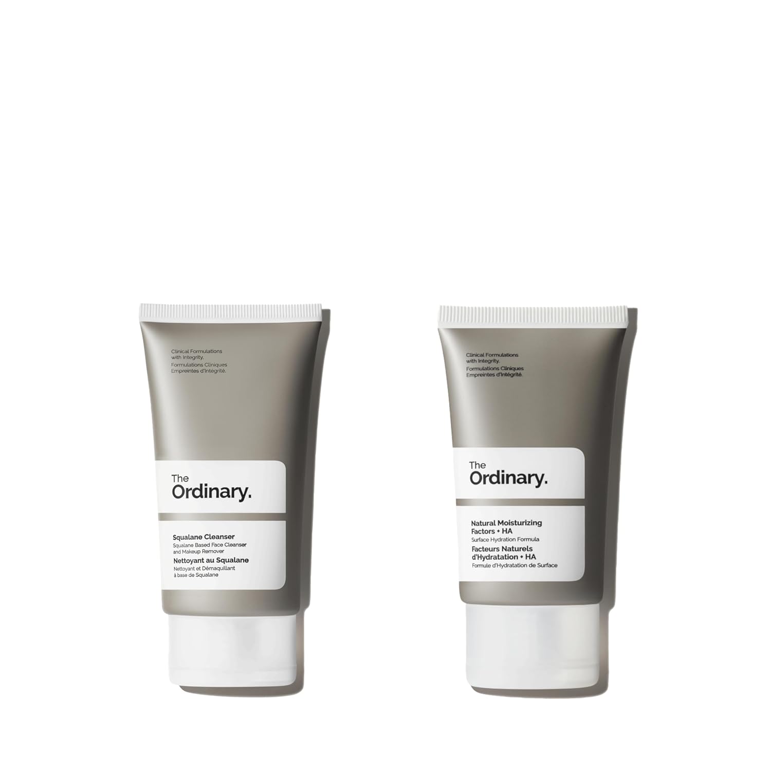 The Ordinary skincare travel set with Squalane Cleanser and Natural Moisturizing Factors + HA in 1.7oz and 1oz sizes.