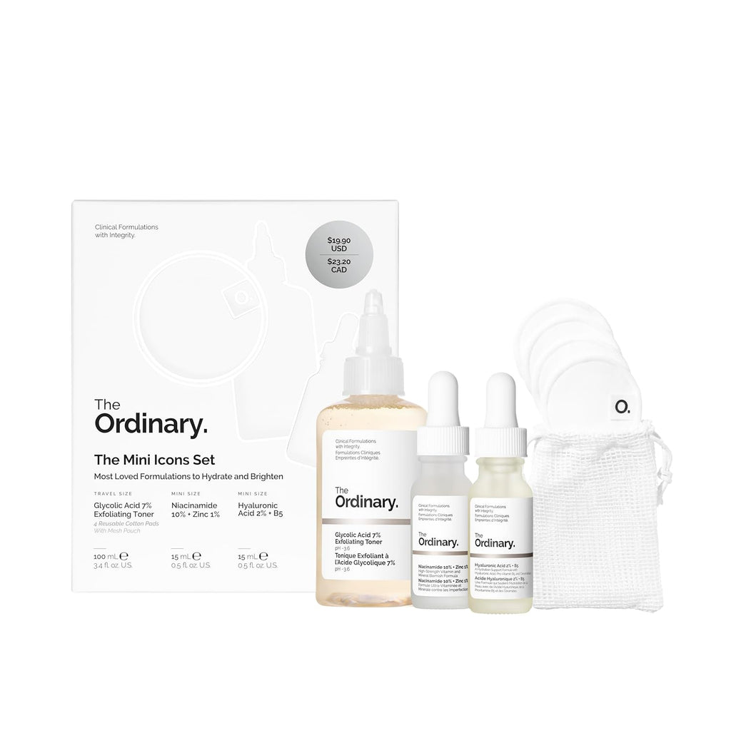 SlimBag The Ordinary Mini Icons Set with travel-sized glycolic acid toner, niacinamide, hyaluronic acid, and reusable rounds for skincare.