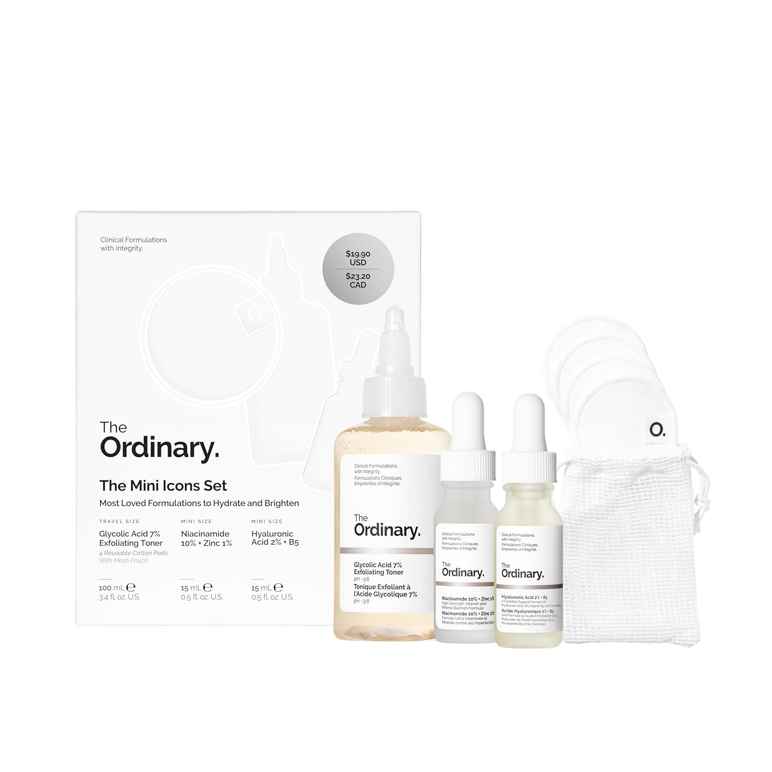 SlimBag The Ordinary Mini Icons Set with travel-sized glycolic acid toner, niacinamide, hyaluronic acid, and reusable rounds for skincare.