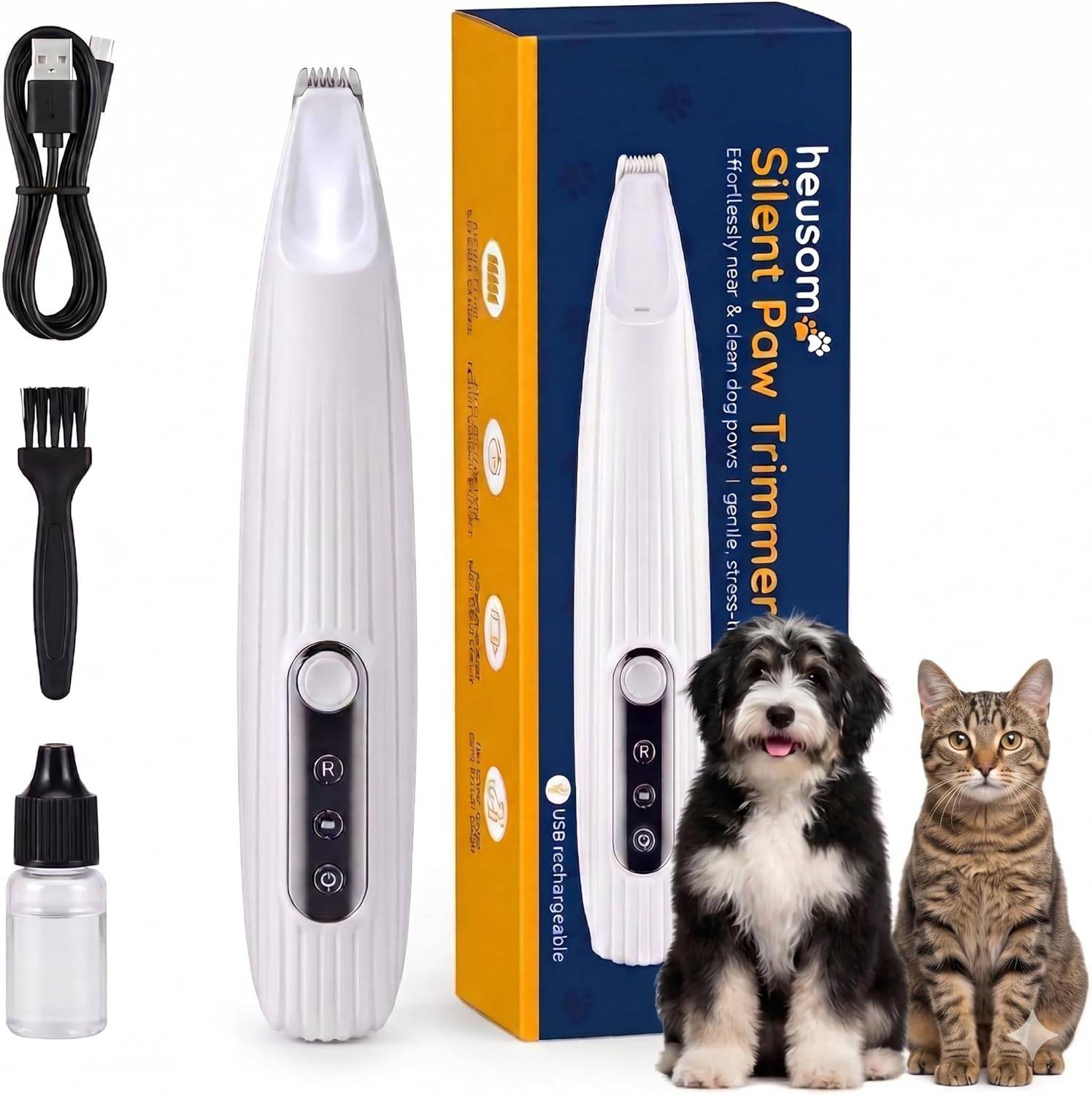 Silent Pet Paw Trimmer by SlimBag, cordless rechargeable shaver for dogs and cats, with light for grooming paws, face, ears, and butt.