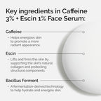 The Ordinary Caffeine 3% + Escin 1% face serum in a clear bottle, showing the product label and serum inside.
