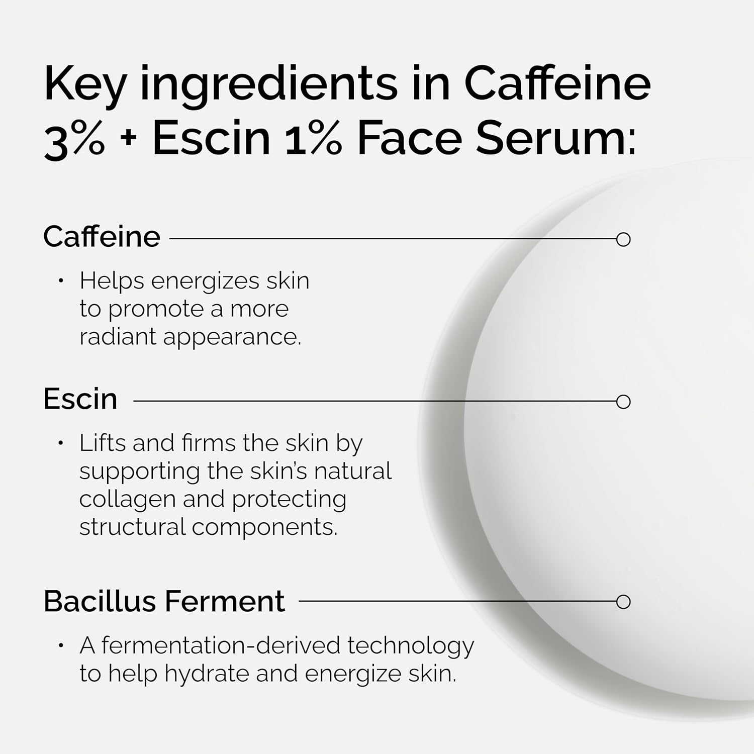 The Ordinary Caffeine 3% + Escin 1% face serum in a clear bottle, showing the product label and serum inside.
