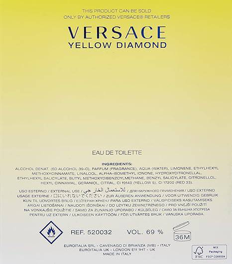 Yellow Diamond by Versace women's 3 oz Eau de Toilette spray with a yellow accents bottle and elegant design.
