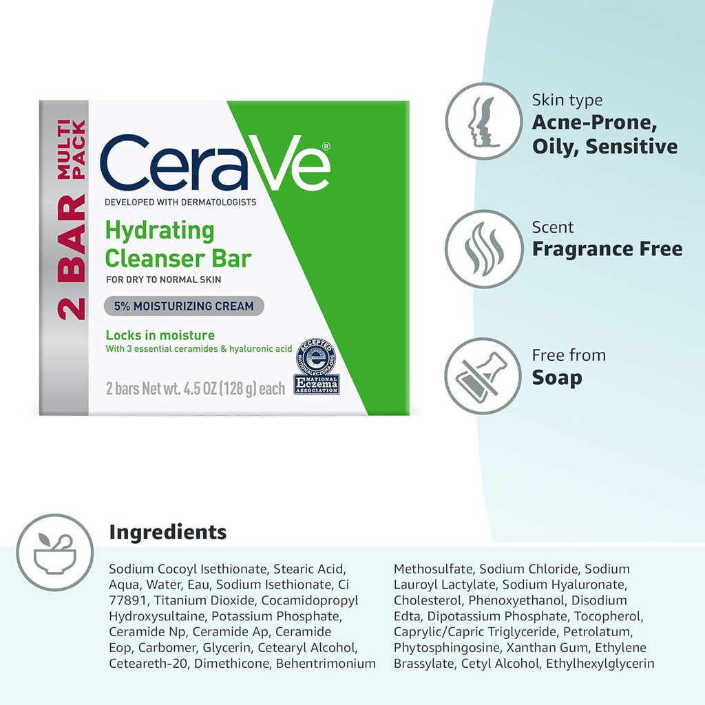 SlimBag CeraVe Hydrating Cleanser Bar with moisturizing cream, fragrance-free, soap-free for body and face, 2-pack, 4.5 oz each