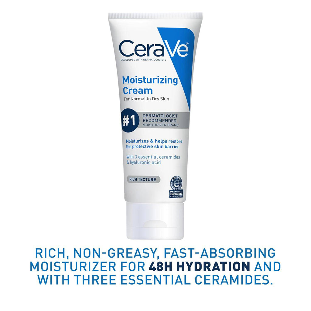 SlimBag CeraVe Moisturizing Cream for face and body, normal to dry skin, 8 oz jar with white, smooth skincare cream.