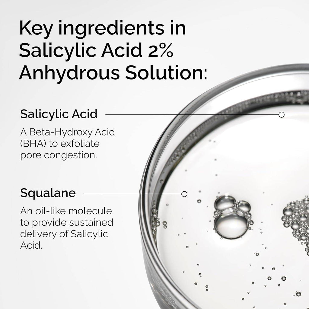 SlimBag Salicylic Acid 2% exfoliating serum bottle for blemish-prone skin and uneven texture, with clear dropper cap.