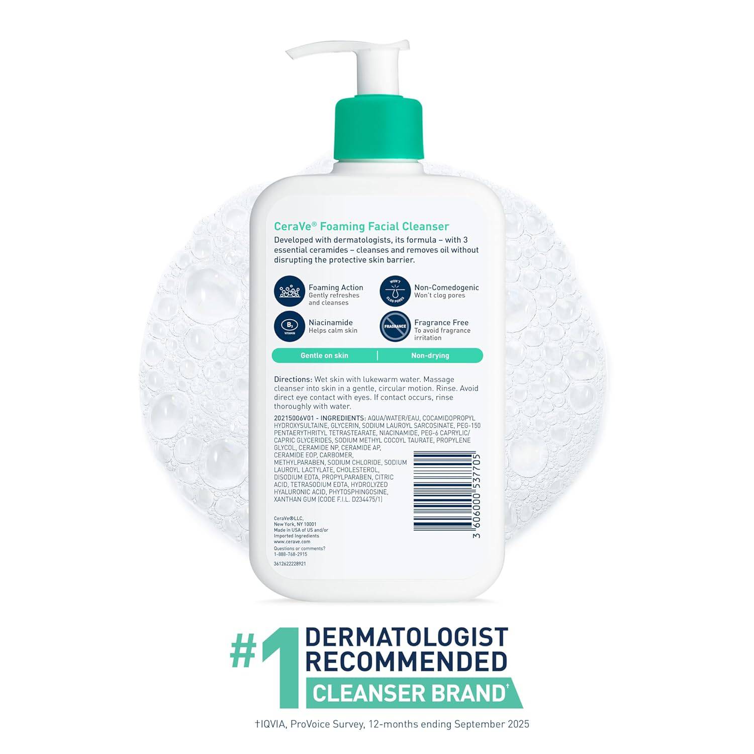 SlimBag CeraVe Foaming Facial Cleanser for oily skin with hyaluronic acid, ceramides, and niacinamide in a 19 oz bottle.