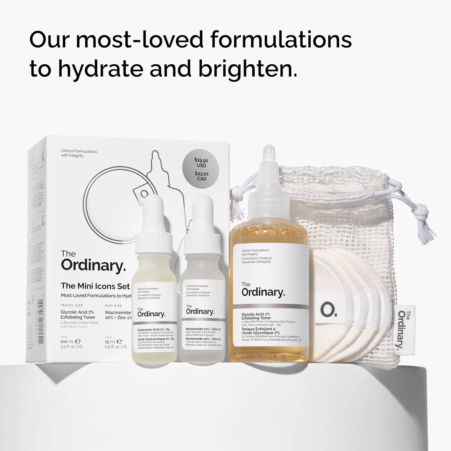 SlimBag The Ordinary Mini Icons Set with travel-sized glycolic acid toner, niacinamide, hyaluronic acid, and reusable rounds for skincare.