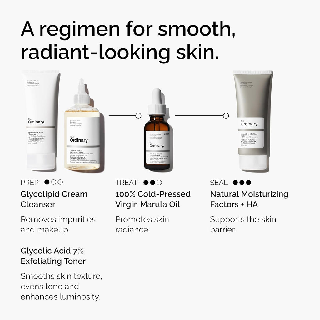 Bottle of The Ordinary 100% Virgin Marula Oil with dropper, antioxidant-rich unrefined skincare oil for radiant skin.