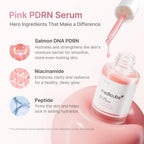 Medcube PDRN Pink Peptide Serum with Salmon DNA, pink glow serum showing a clear glass bottle with pink liquid for hydration and skin firming