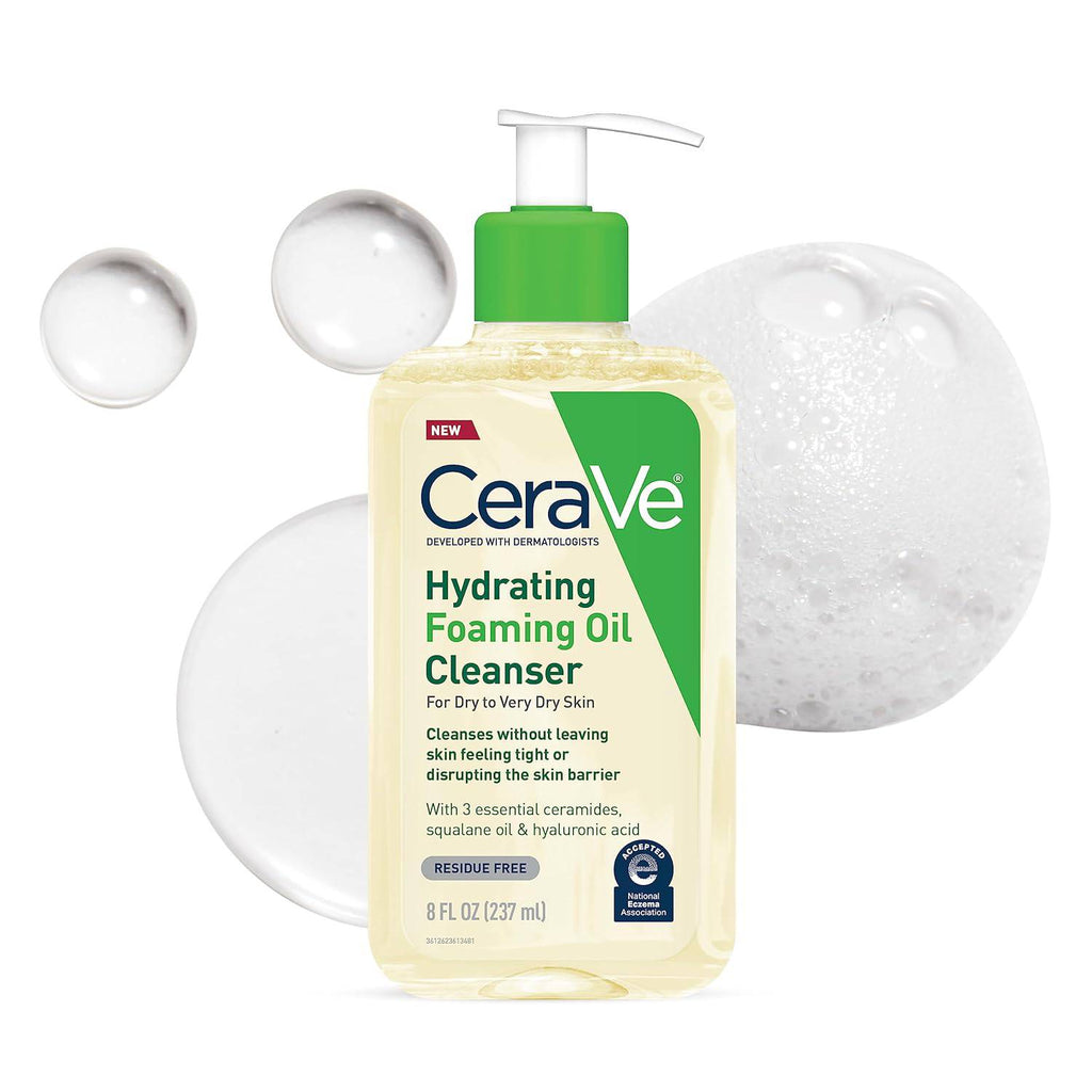 CeraVe Hydrating Foaming Oil Facial Cleanser with Hyaluronic Acid in an 8oz bottle, shown in the SlimBag packaging.